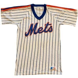 Vintage 80s New York Mets Pinstripe Pullover Jersey Sand-Knit V-Neck Adult Med
